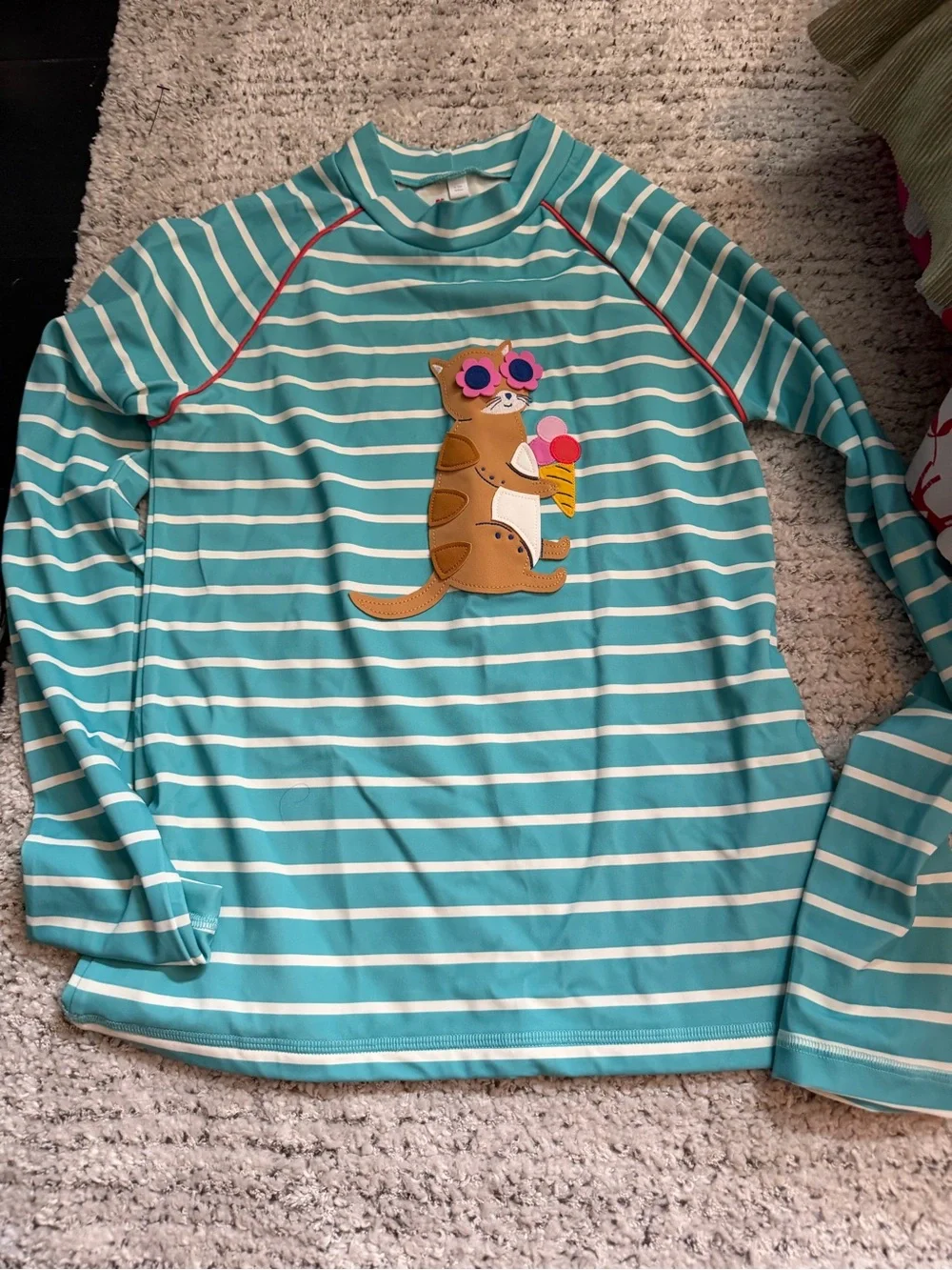 Mini Boden Aqua and White Striped Kids Swim Rashguard with meerkat Euc 11/12